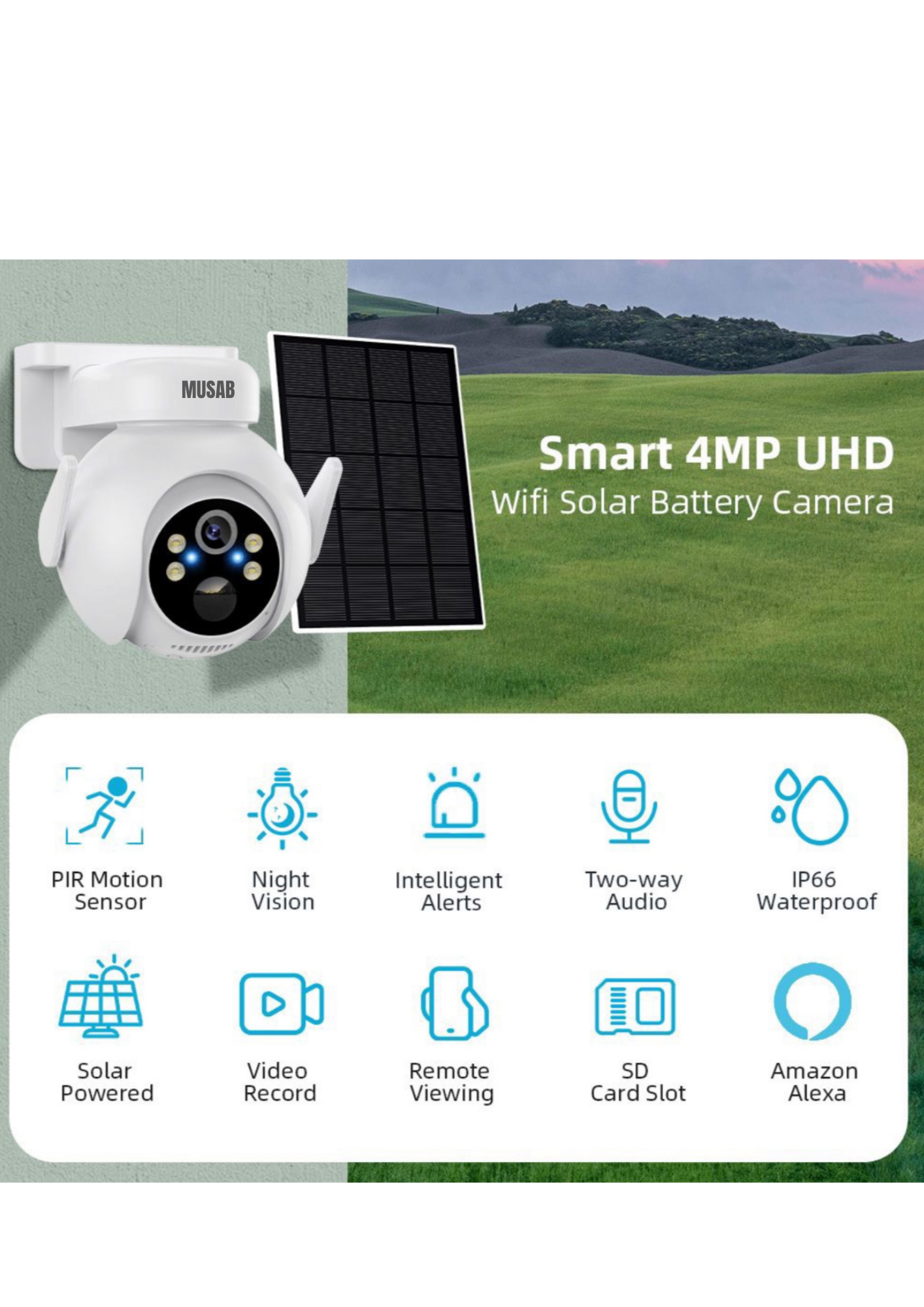 Musab 4MP Solar Camera Security Outdoor, Human Auto Tracking, Solar Panel