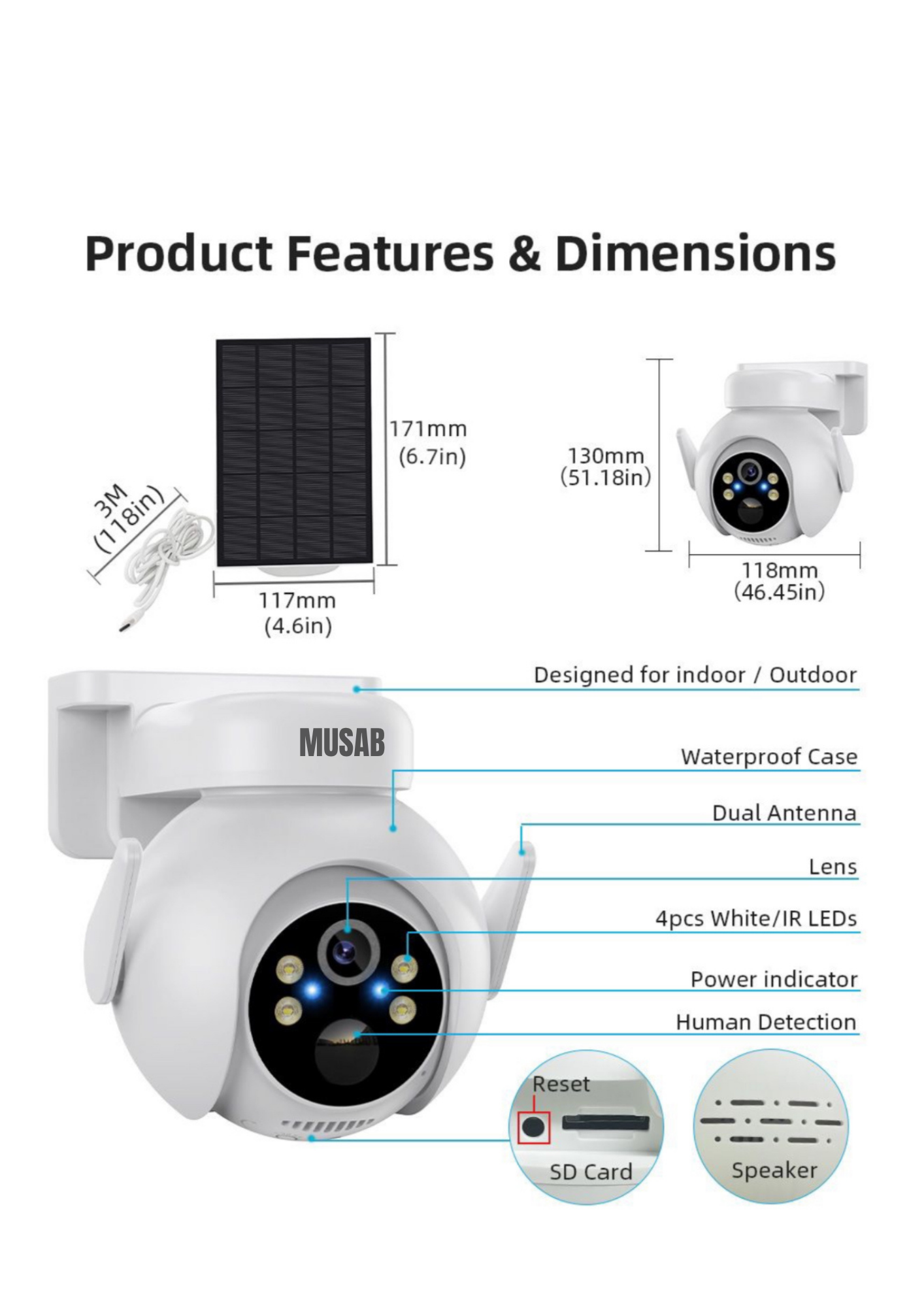 Musab 4MP Solar Camera Security Outdoor, Human Auto Tracking, Solar Panel